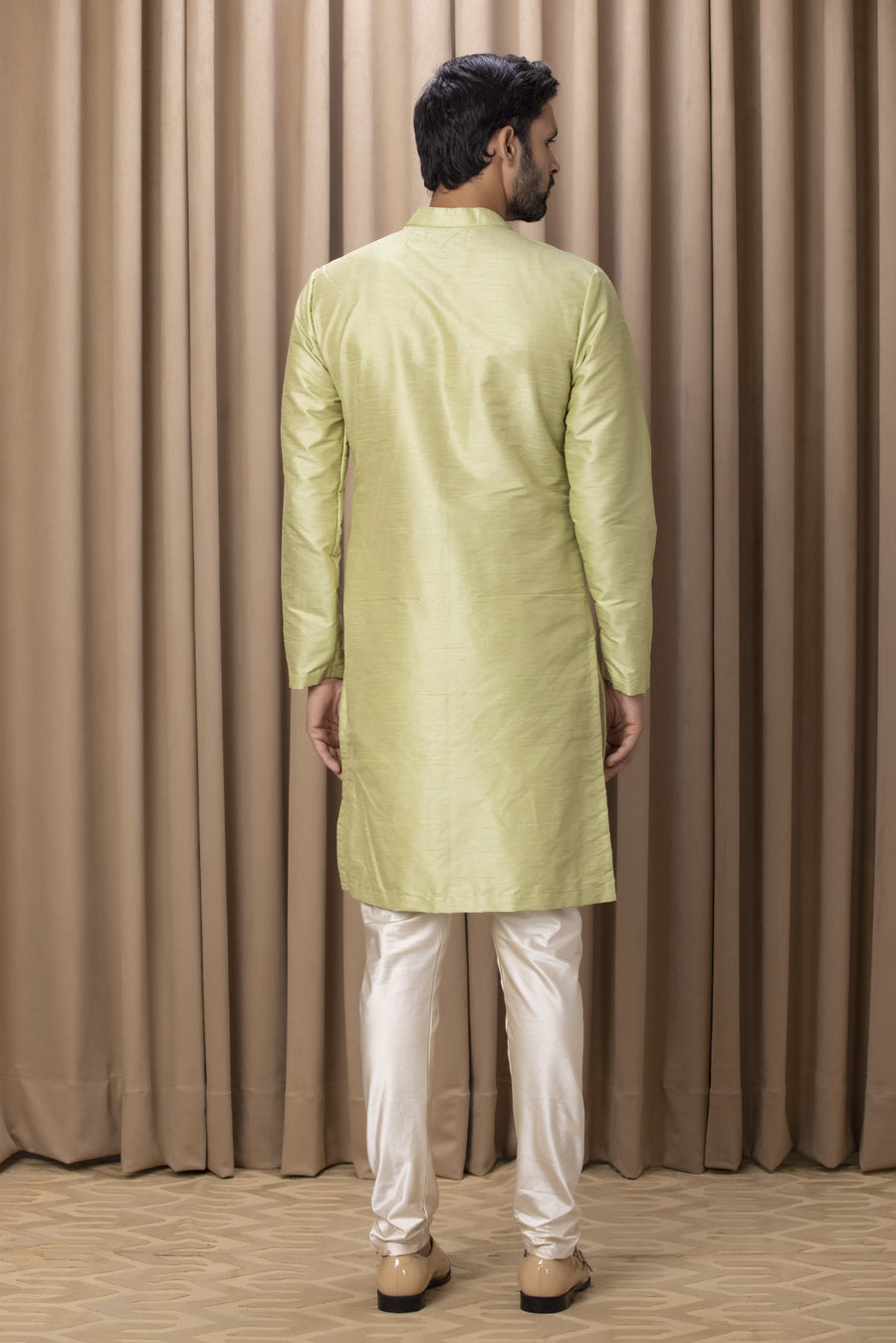 Mint Green Aari Dabka Embroidered Linen Silk Kurta Set for Men | Vahid by AVK