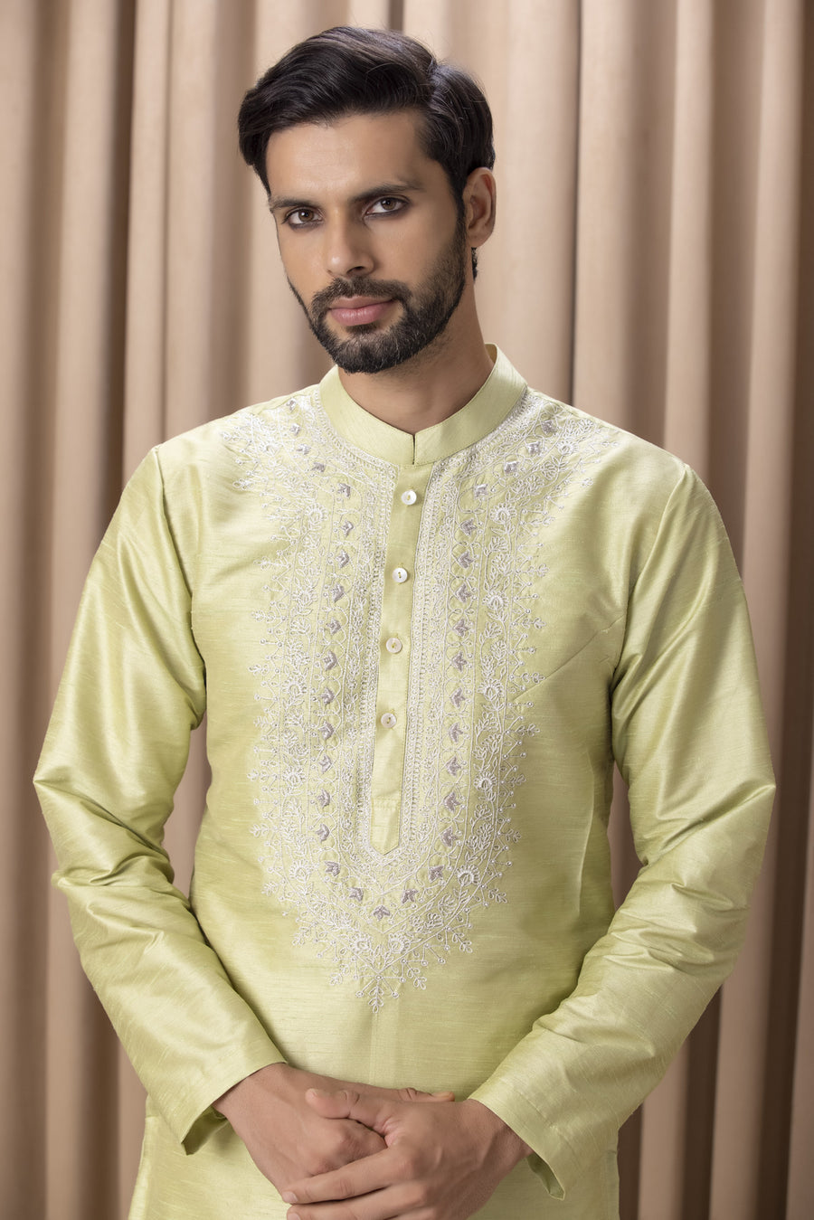 Mint Green Aari Dabka Embroidered Linen Silk Kurta Set for Men | Vahid by AVK