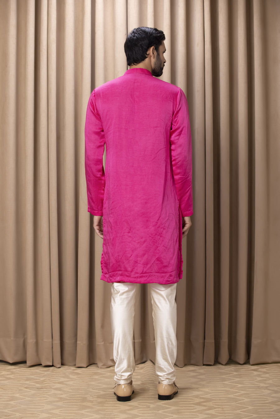 Hot Pink Mirror Work Linen Silk Kurta Set for Men | Kian by AVK