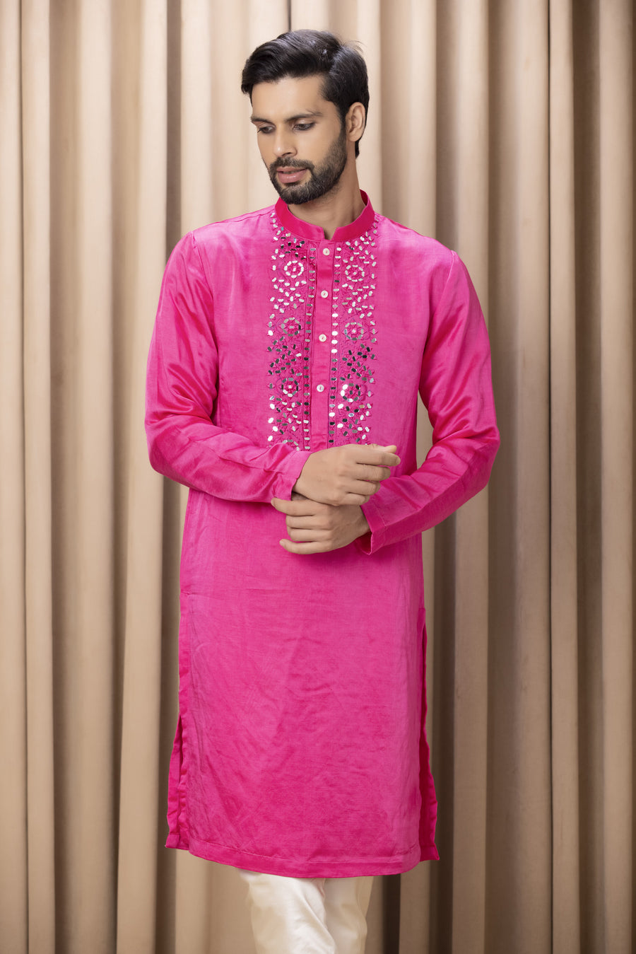 Hot Pink Mirror Work Linen Silk Kurta Set for Men | Kian by AVK