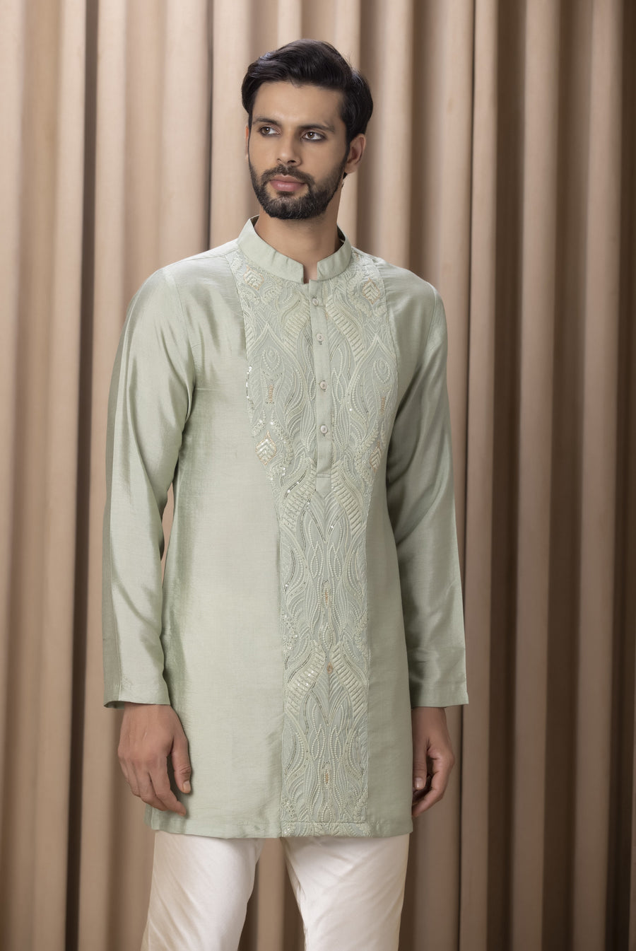 Mint Green Machine Embroidered Cotton Silk Kurta Set for Men | Javed by AVK