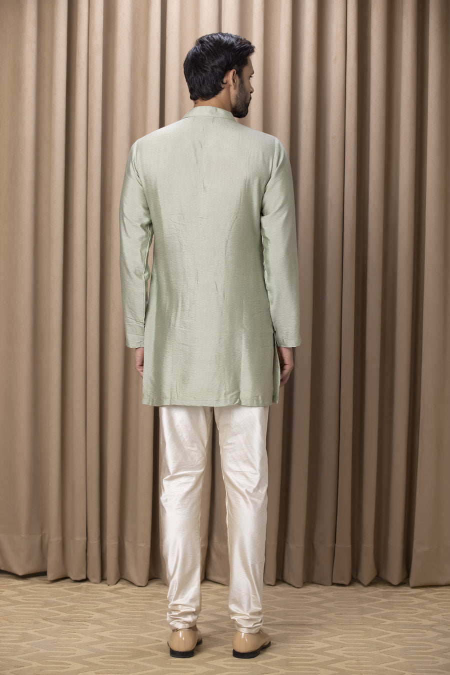 Mint Green Machine Embroidered Cotton Silk Kurta Set for Men | Javed by AVK
