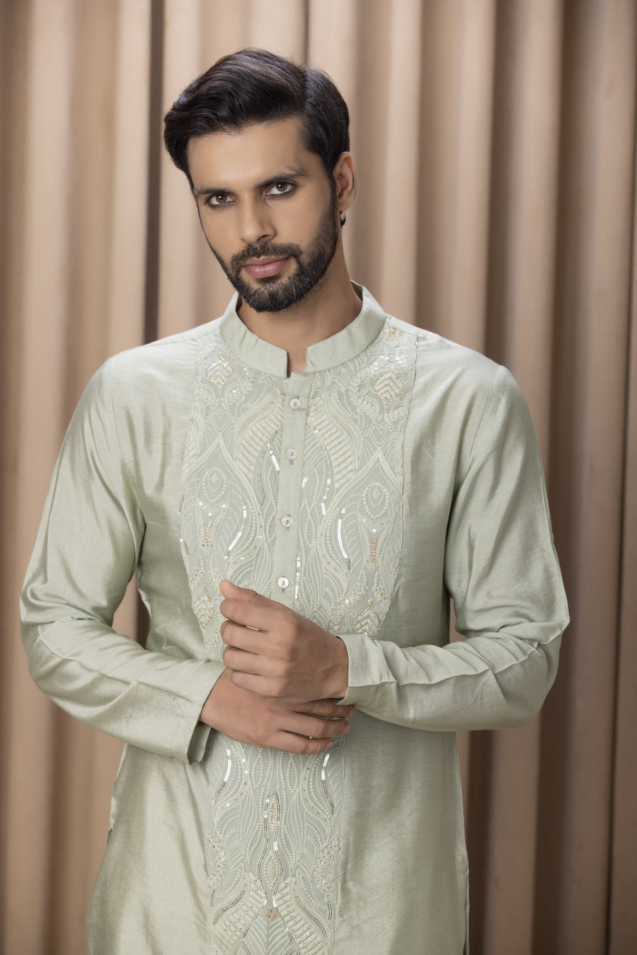 Mint Green Machine Embroidered Cotton Silk Kurta Set for Men | Javed by AVK