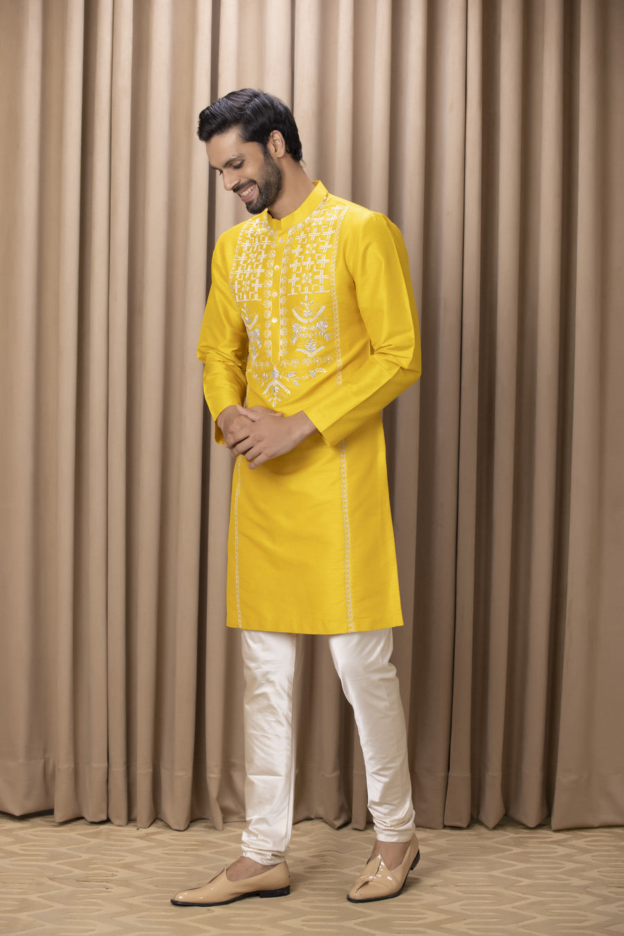 Mustard Aari Dabka Hand Embroidered Linen Silk Kurta Set for Men | Ghazi by AVK