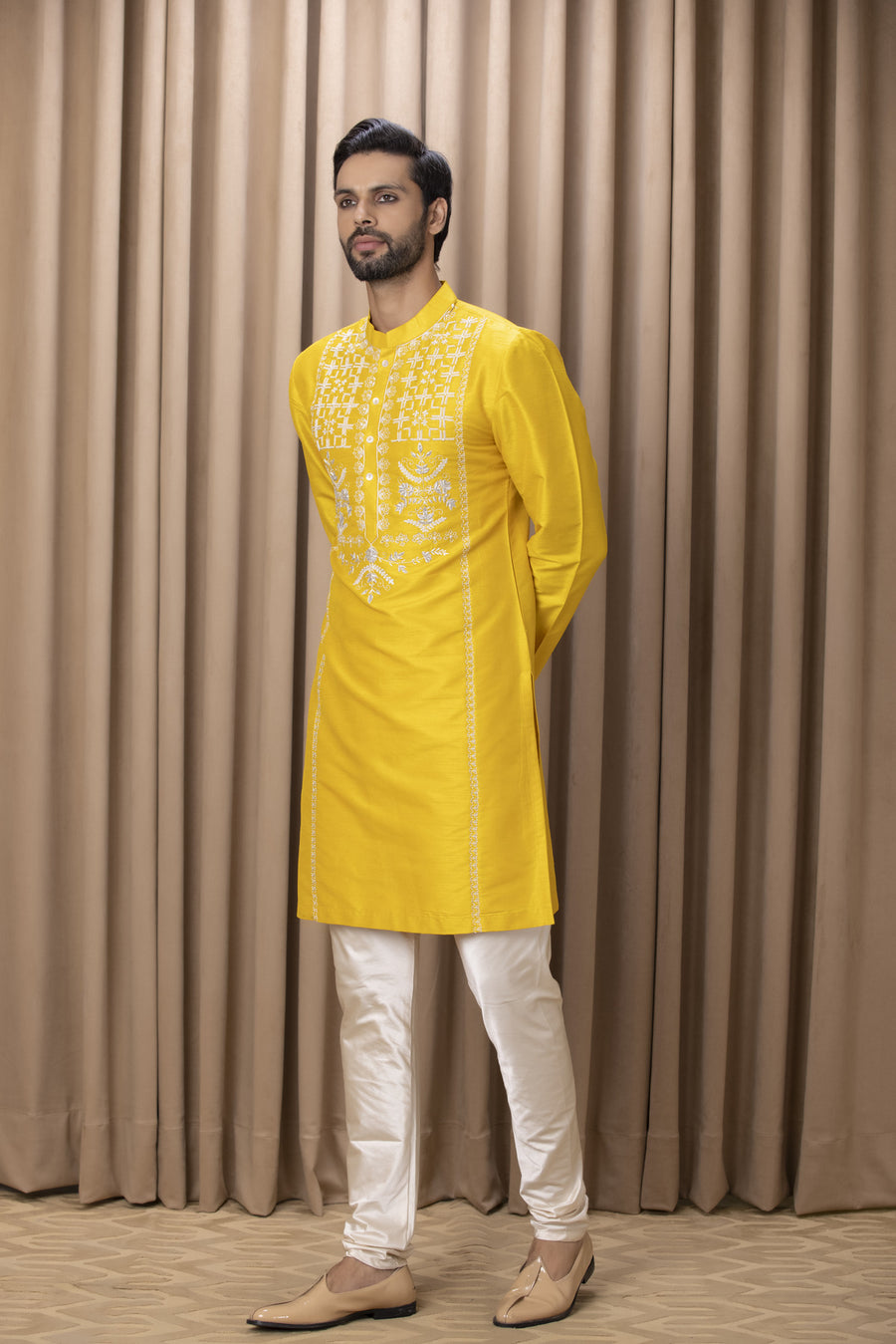 Mustard Aari Dabka Hand Embroidered Linen Silk Kurta Set for Men | Ghazi by AVK