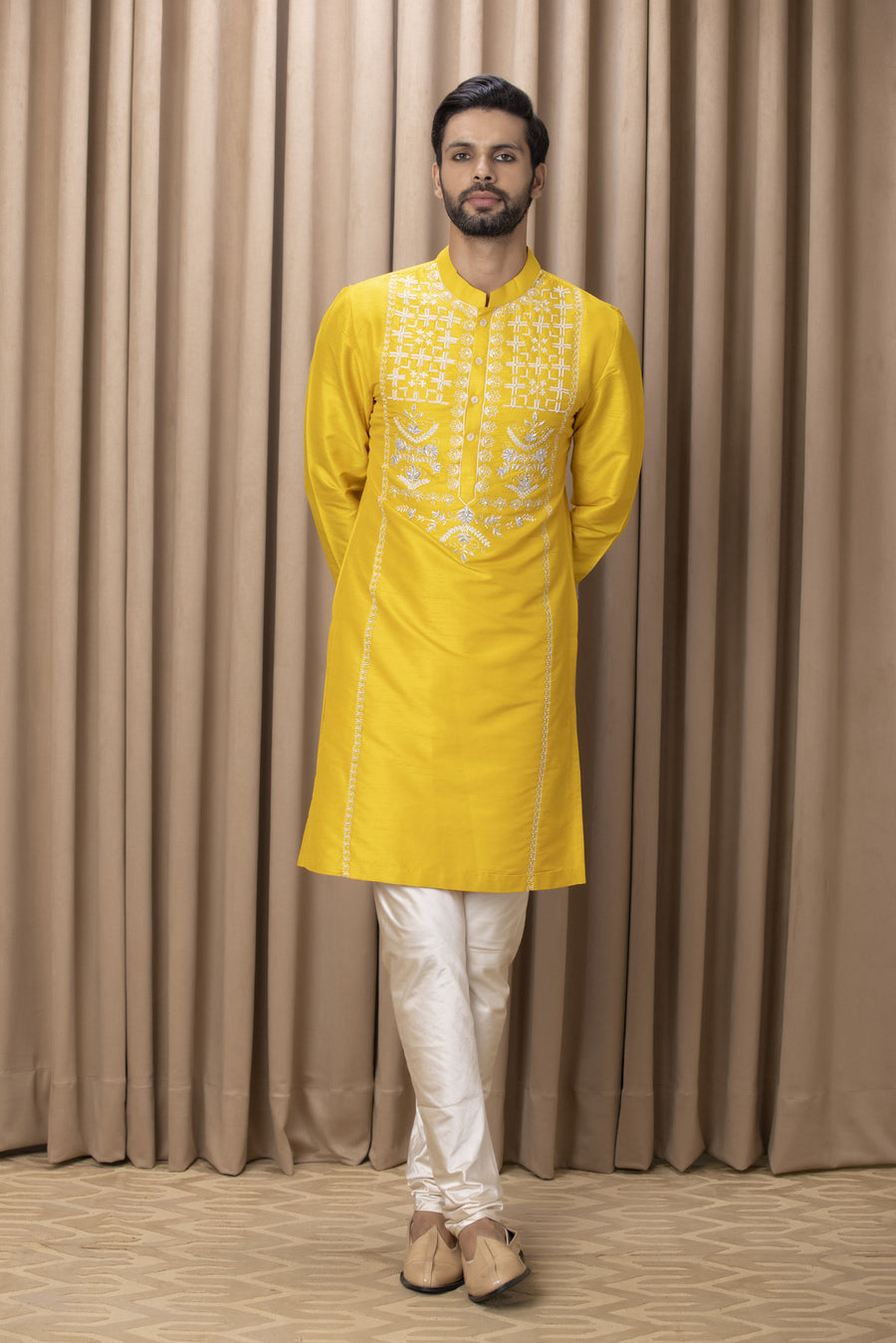 Mustard Aari Dabka Hand Embroidered Linen Silk Kurta Set for Men | Ghazi by AVK