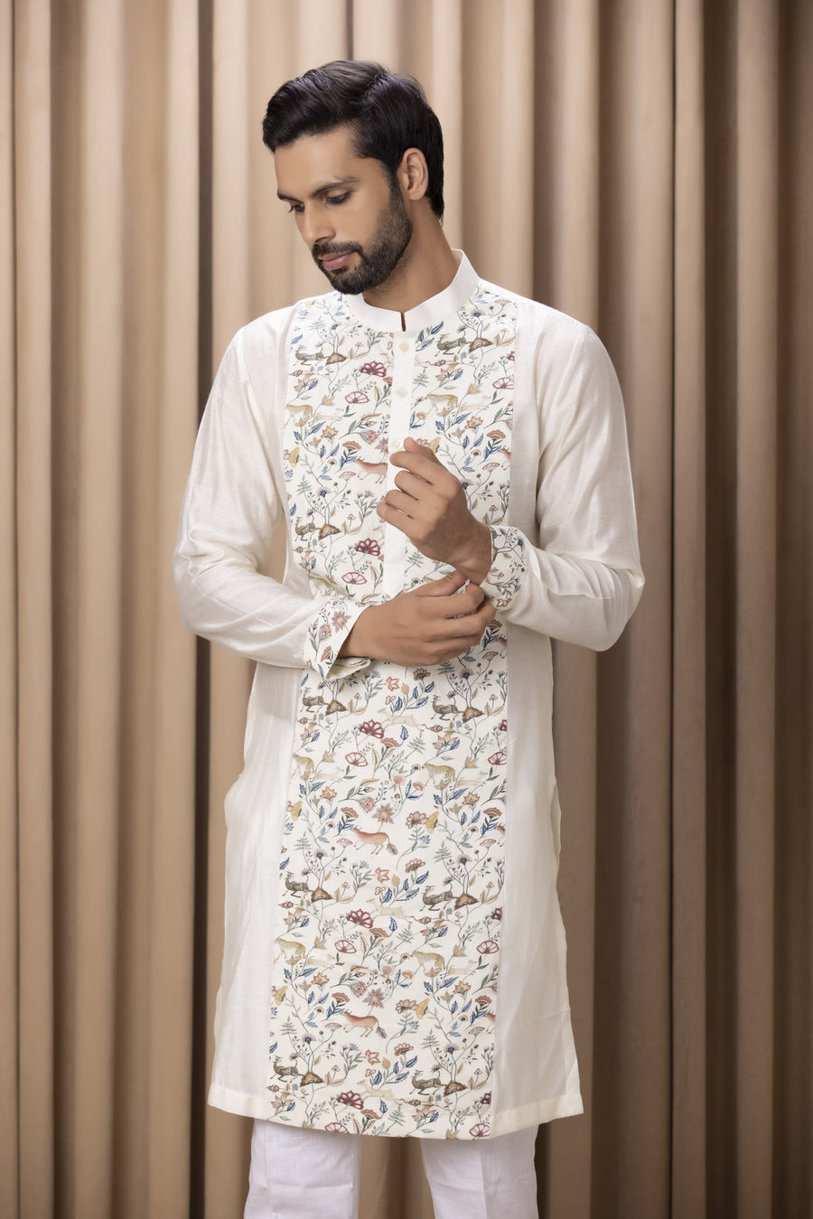 Ivory Hand-Painted Print Cotton Silk Kurta Set for Men | Amaani (Ivory, Edition II) by AVK