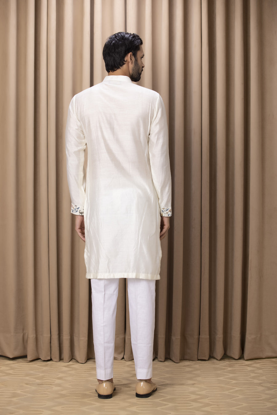 Ivory Hand-Painted Print Cotton Silk Kurta Set for Men | Amaani (Ivory, Edition II) by AVK