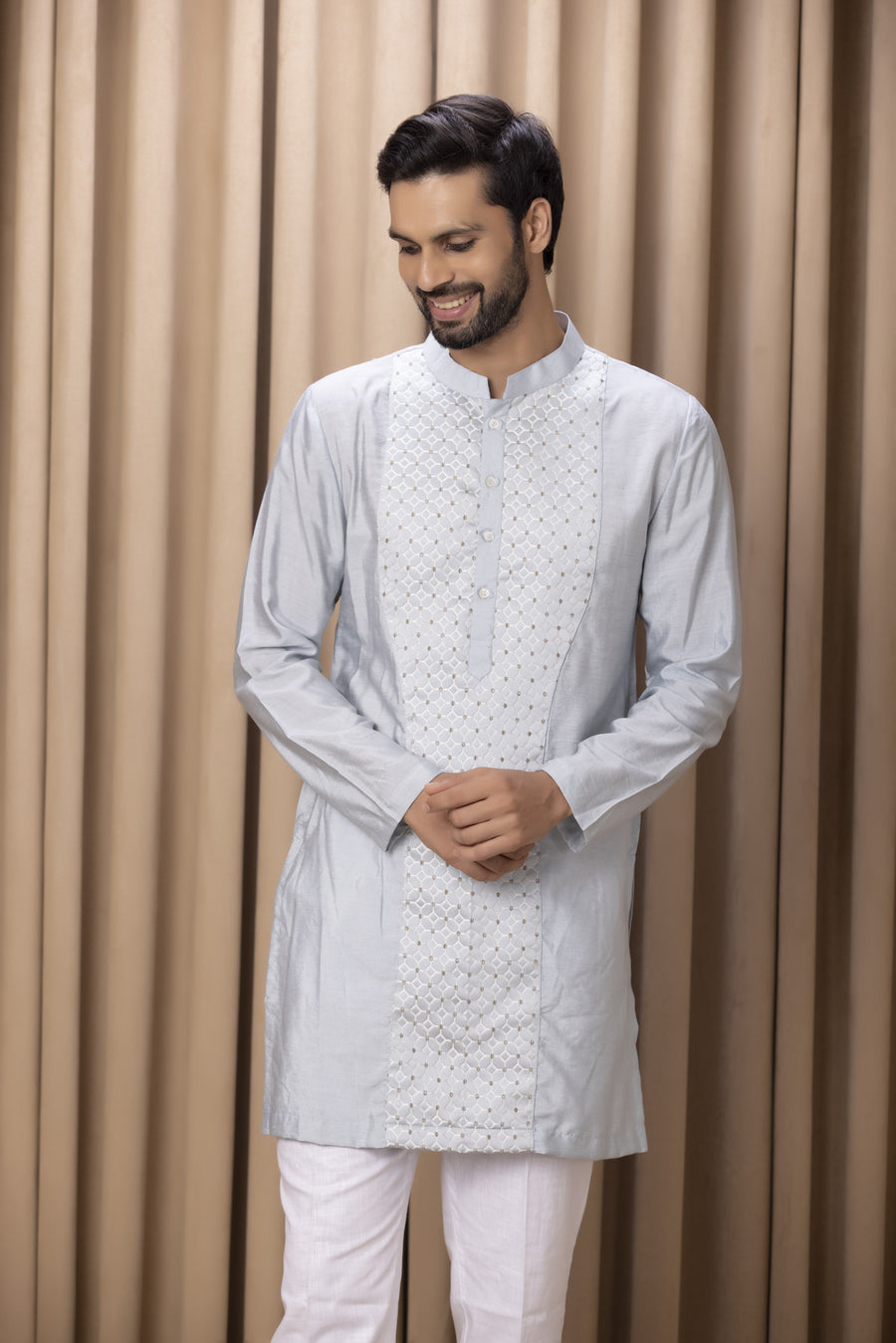 Steel Blue Jacquard Patch Cotton Silk Kurta Set for Men | Faizal by AVK