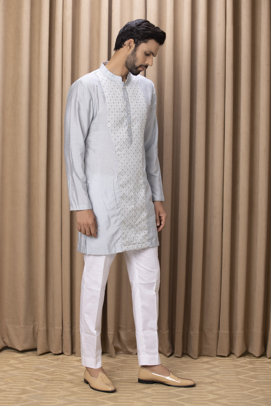 Steel Blue Jacquard Patch Cotton Silk Kurta Set for Men | Faizal by AVK