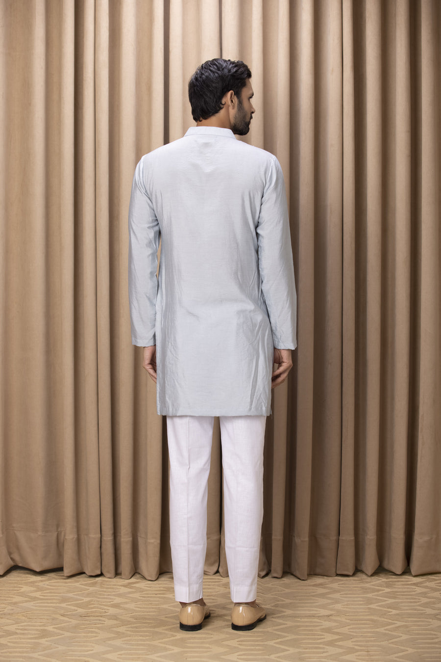 Steel Blue Jacquard Patch Cotton Silk Kurta Set for Men | Faizal by AVK