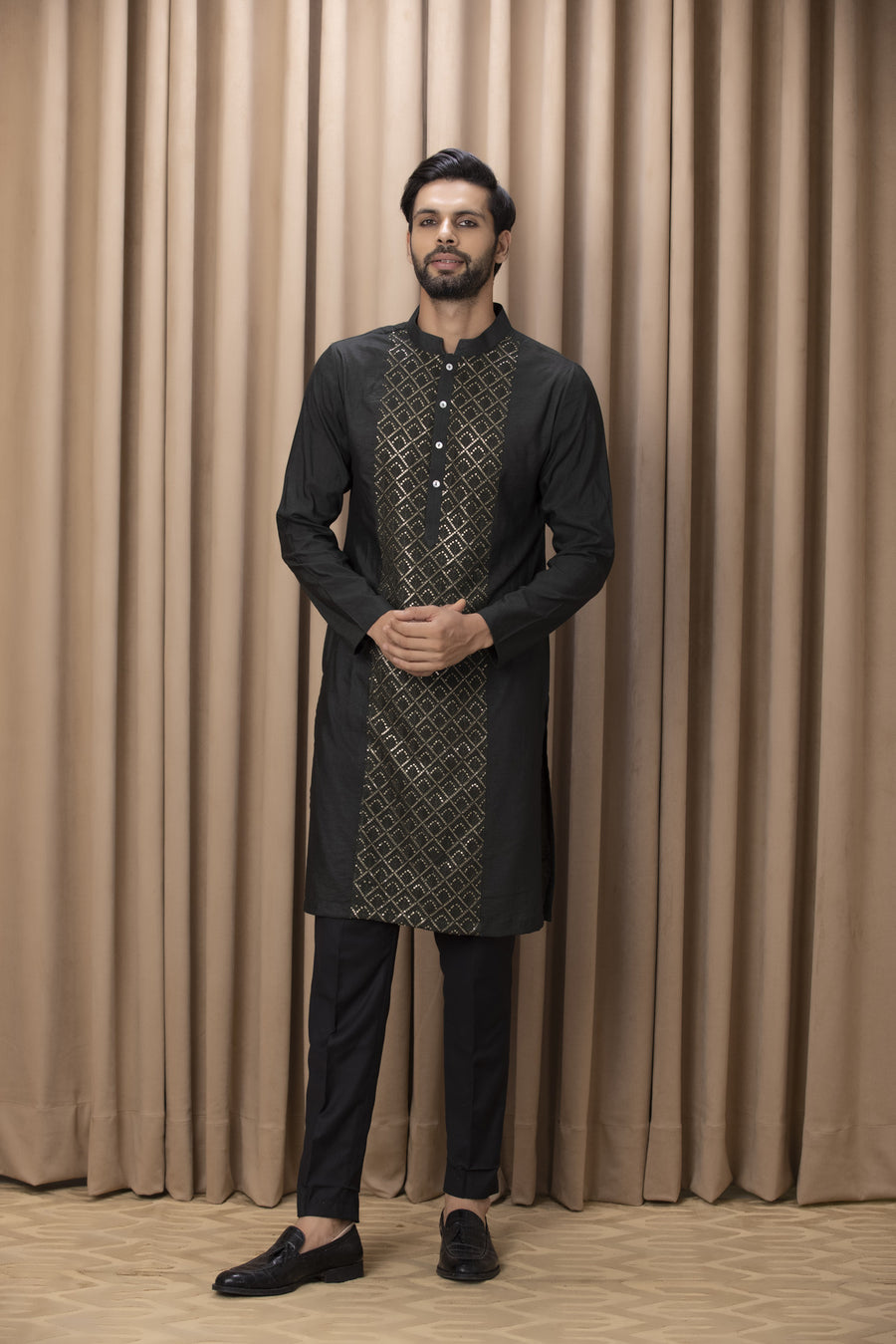 Olive Green Embroidered Cotton Silk Kurta Set for Men | Ranjha (Olive Green) by AVK