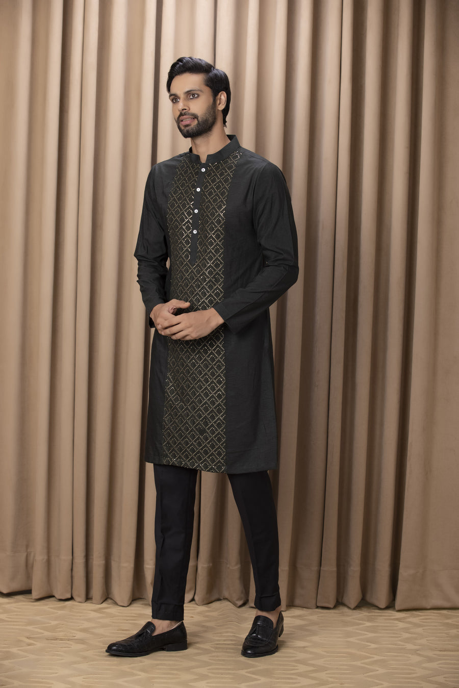 Olive Green Embroidered Cotton Silk Kurta Set for Men | Ranjha (Olive Green) by AVK
