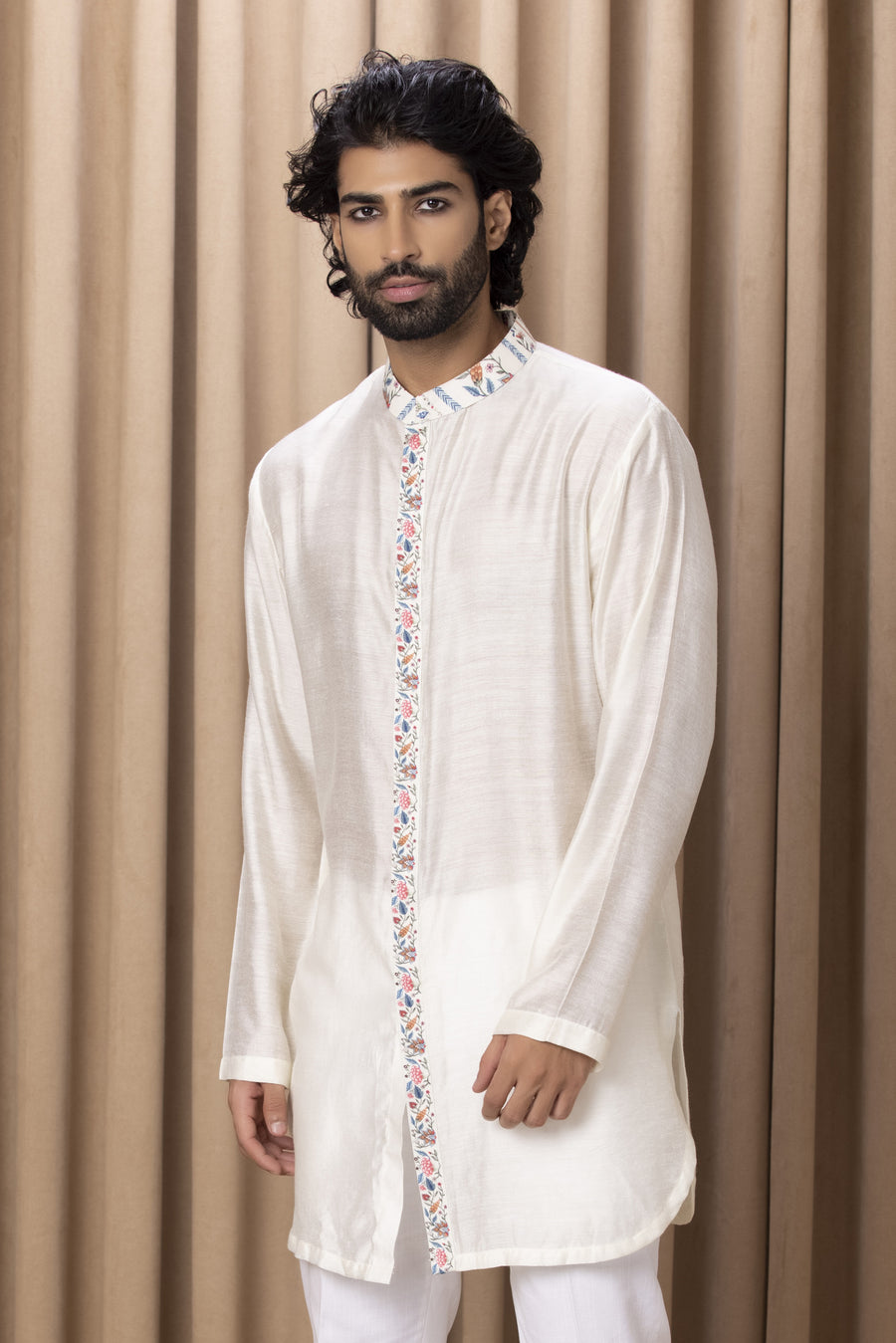 Ivory Linear Print Front-Open Kurta Set for Men | Lakeer (Edition II) by AVK