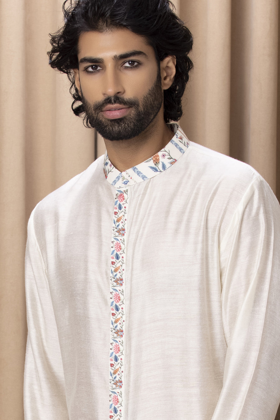 Ivory Linear Print Front-Open Kurta Set for Men | Lakeer (Edition II) by AVK