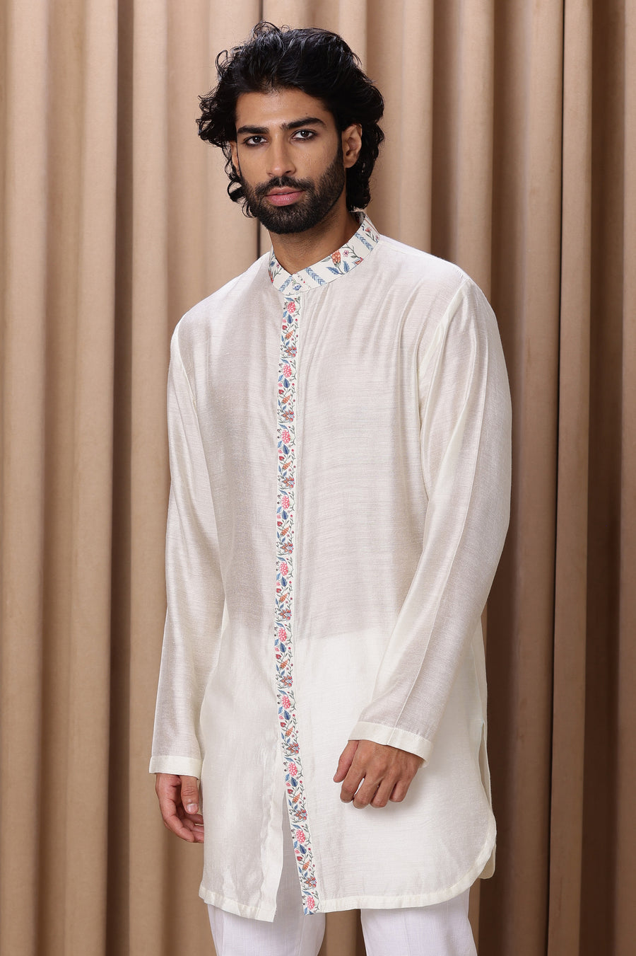 Ivory Linear Print Front-Open Kurta Set for Men | Lakeer (Edition II) by AVK
