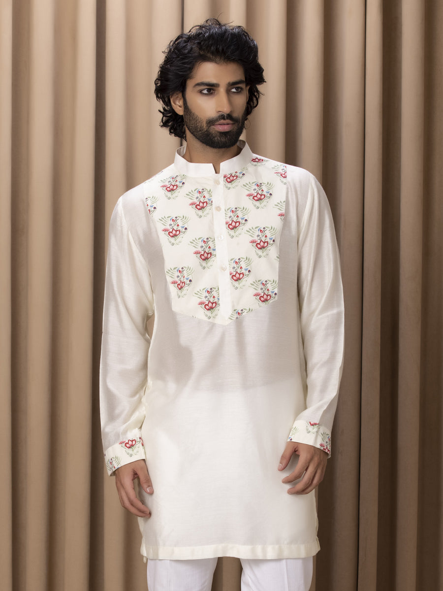 Ivory Hand-Painted Print Cotton Silk Kurta Set for Men | Noor (Ivory, Edition II) by AVK