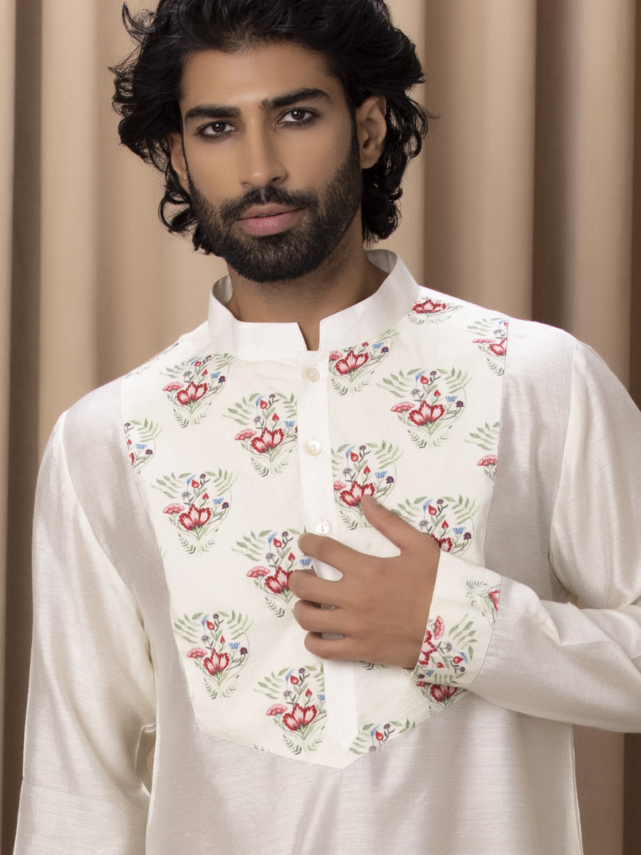 Ivory Hand-Painted Print Cotton Silk Kurta Set for Men | Noor (Ivory, Edition II) by AVK
