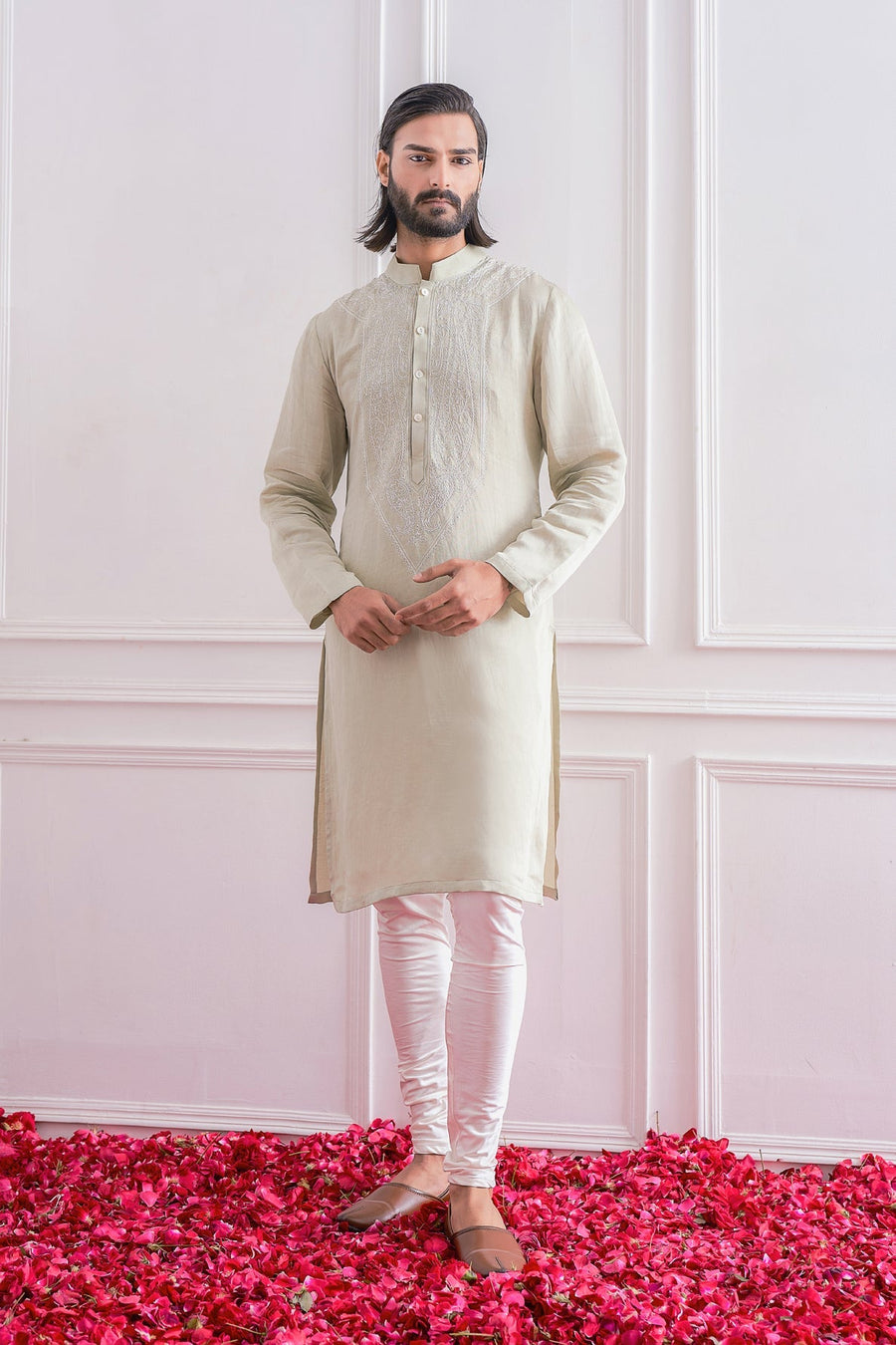 Mint Green Linen Silk Hand-Embroidered Kurta Set for Men | Lahore by AVK