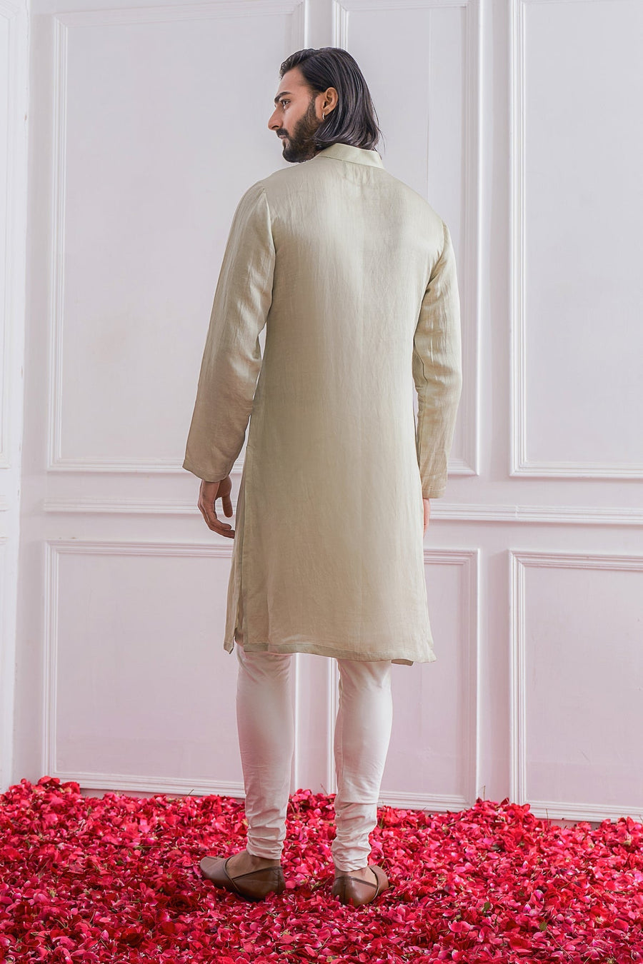 Mint Green Linen Silk Hand-Embroidered Kurta Set for Men | Lahore by AVK