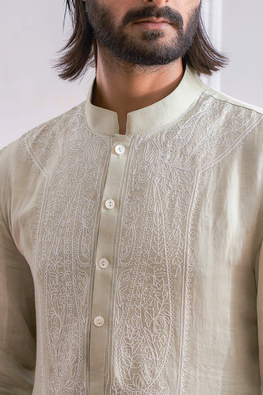 Mint Green Linen Silk Hand-Embroidered Kurta Set for Men | Lahore by AVK