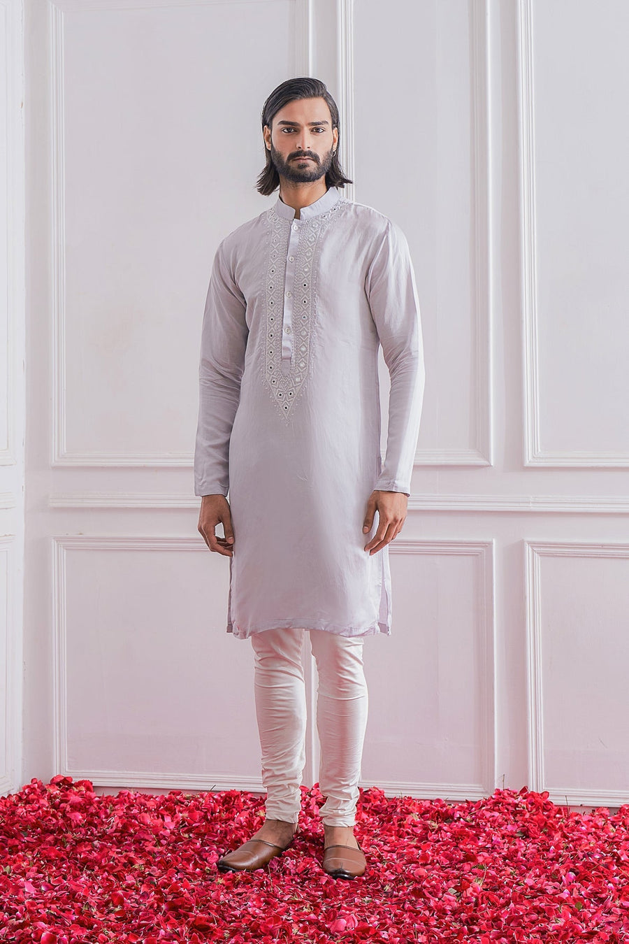 Steel Grey Mirror Work Linen Silk Kurta Set for Men | Okara by AVK