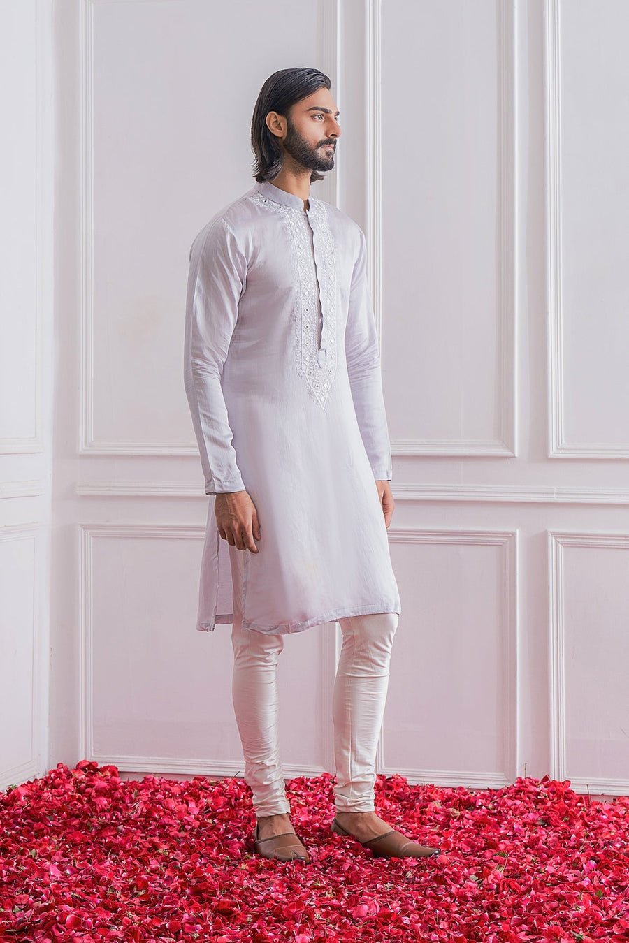 Steel Grey Mirror Work Linen Silk Kurta Set for Men | Okara by AVK