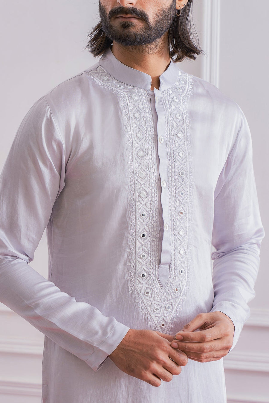 Steel Grey Mirror Work Linen Silk Kurta Set for Men | Okara by AVK