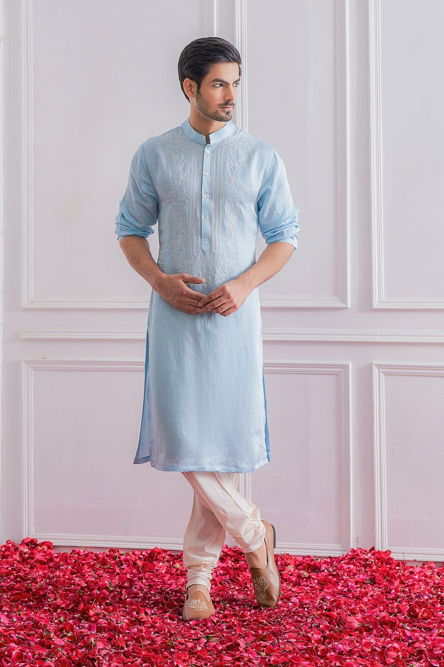 Powder Blue Linen Silk Hand-Embroidered Kurta Set for Men | Jhelum by AVK