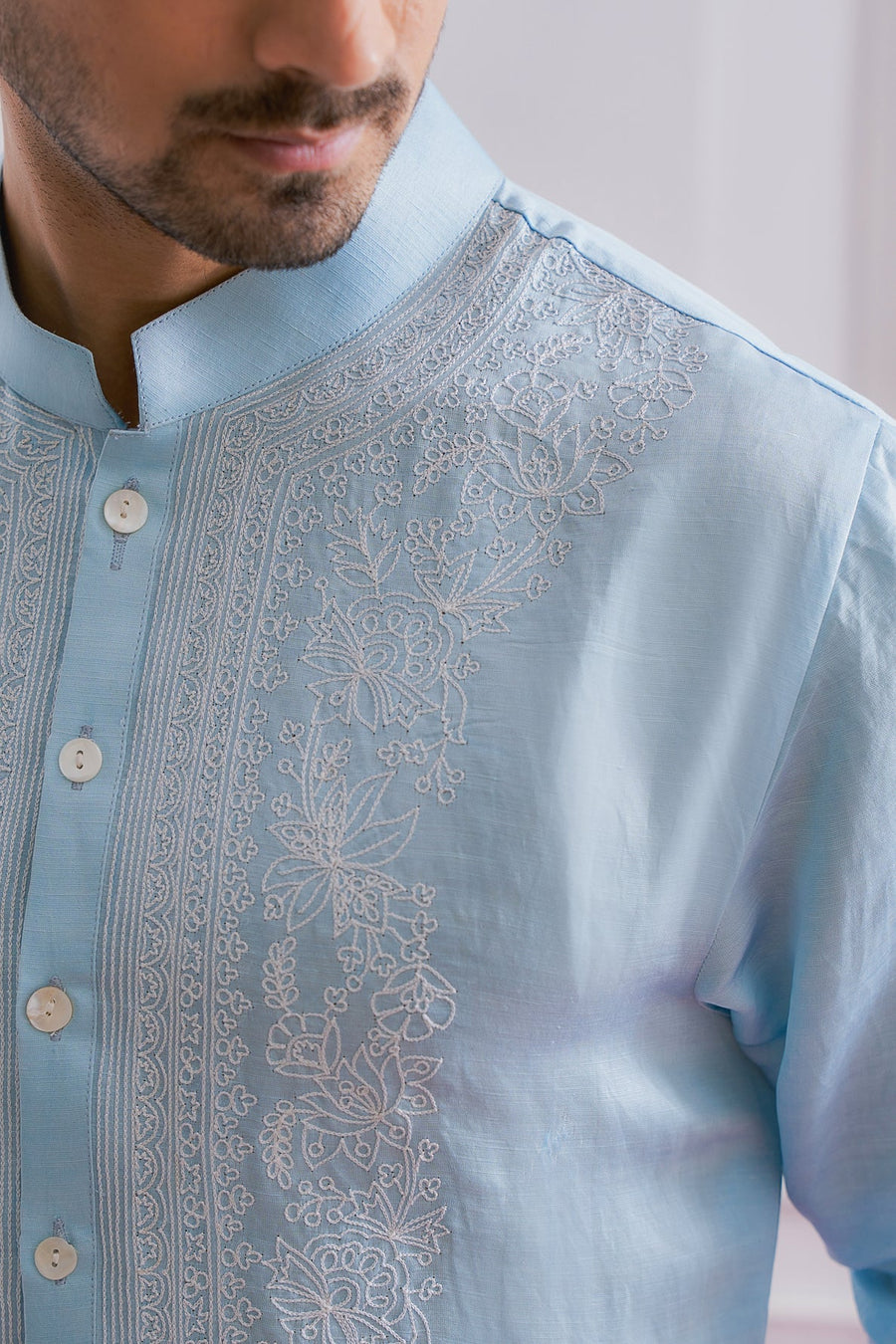Powder Blue Linen Silk Hand-Embroidered Kurta Set for Men | Jhelum by AVK