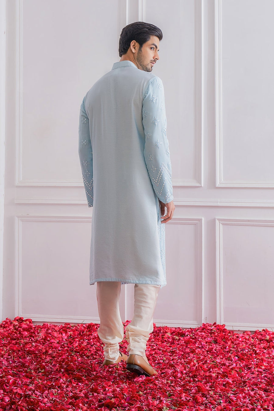 Powder Blue Mirror Work Kurta Set for Men | Bahawalpur by AVK