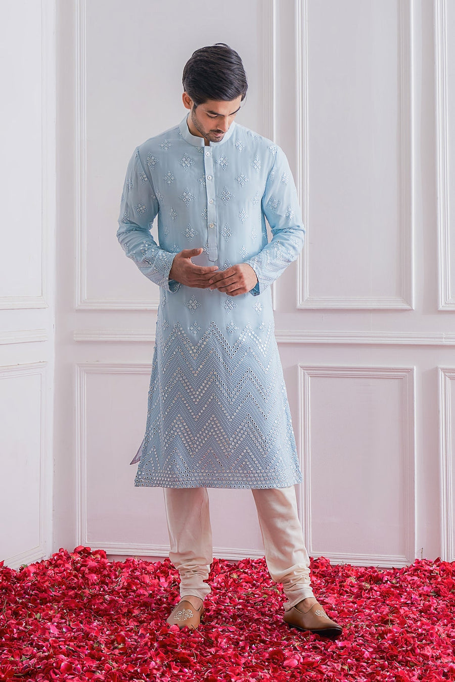 Powder Blue Mirror Work Kurta Set for Men | Bahawalpur by AVK