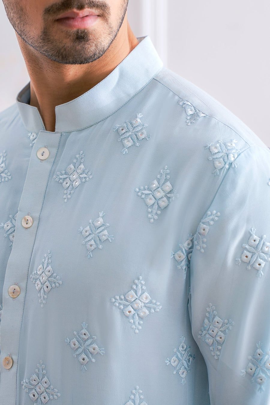 Powder Blue Mirror Work Kurta Set for Men | Bahawalpur by AVK
