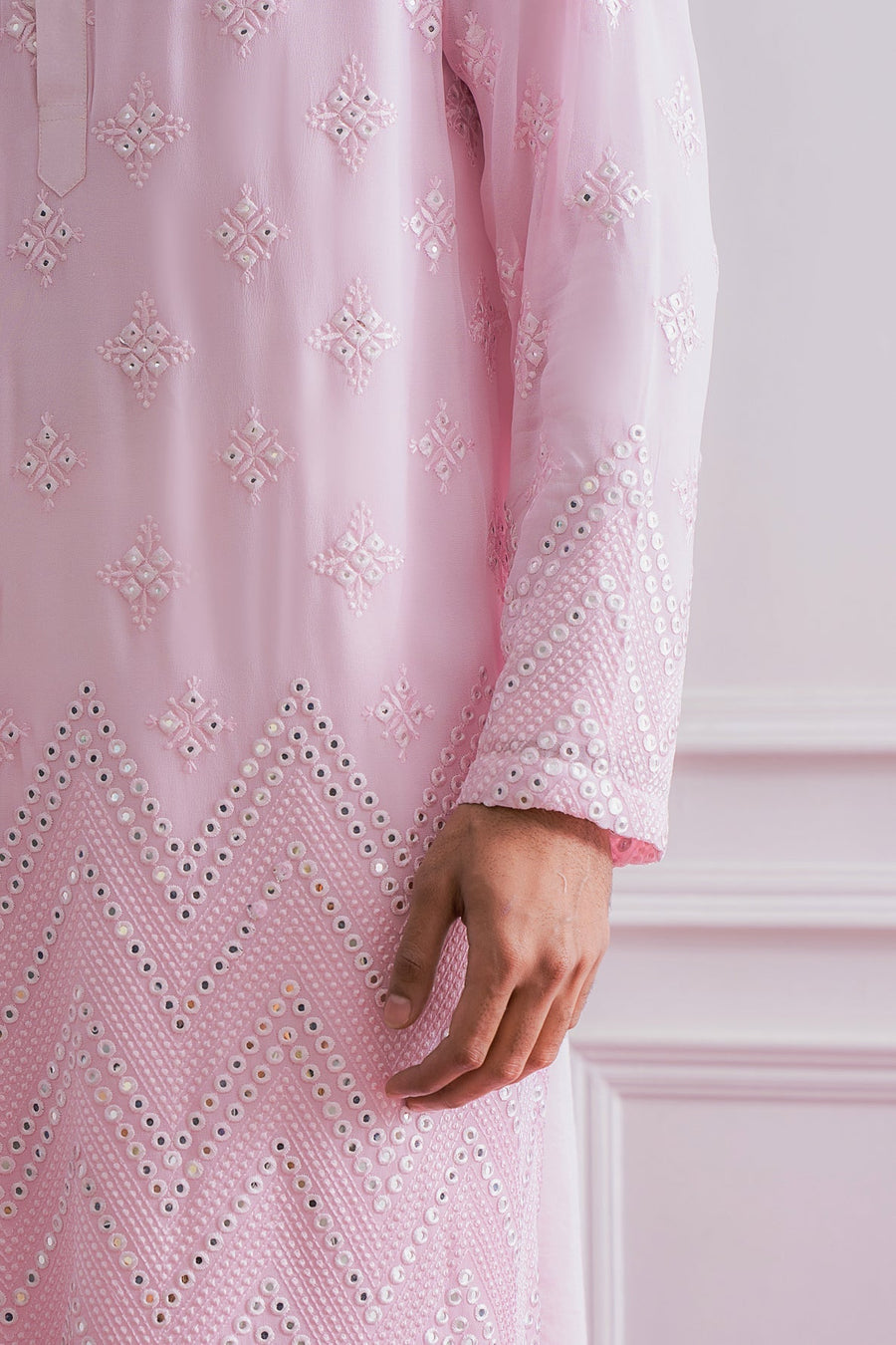 Powder Pink Mirror Work Kurta Set for Men | Bahawalpur by AVK