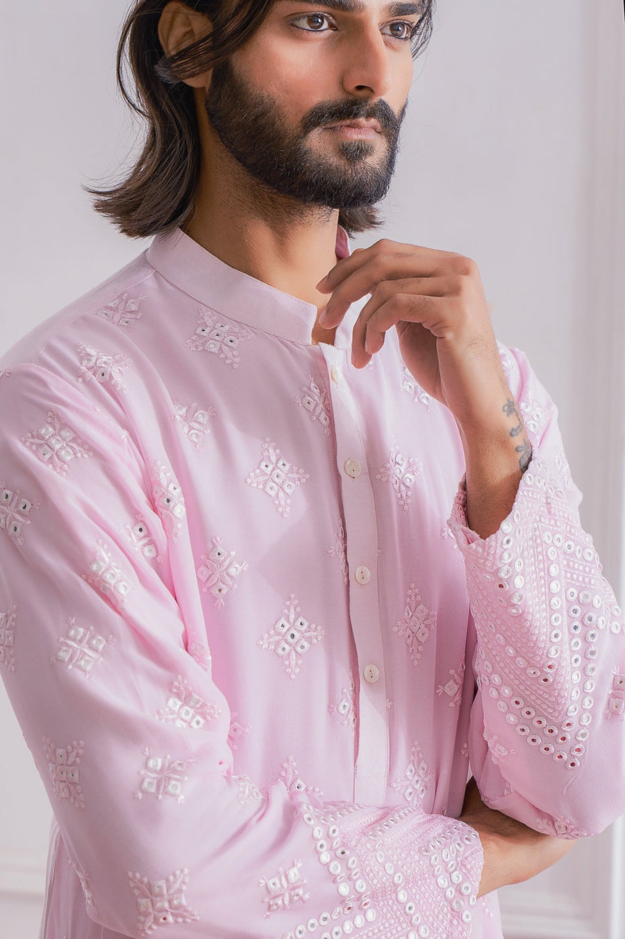 Powder Pink Mirror Work Kurta Set for Men | Bahawalpur by AVK
