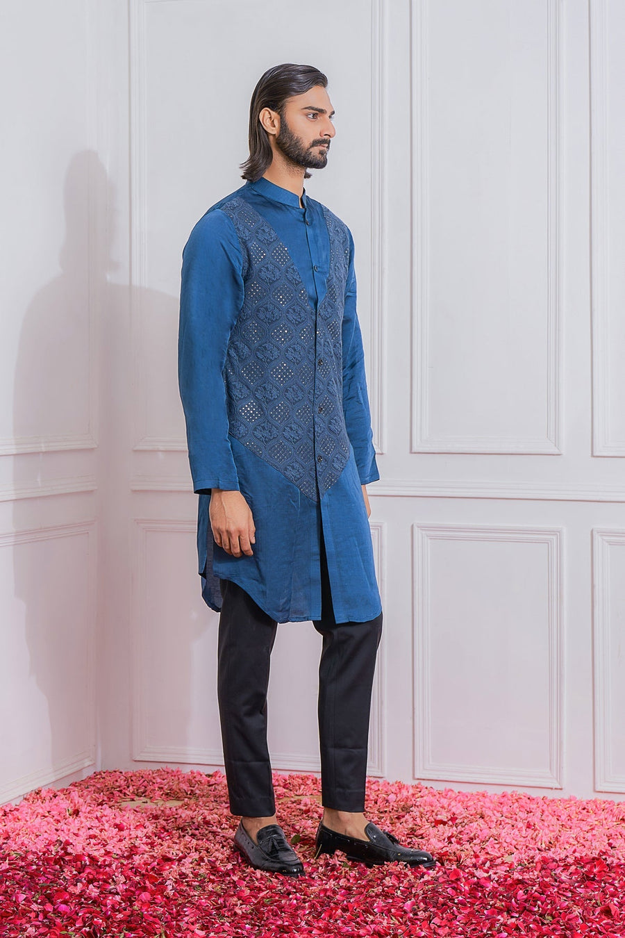 Space Blue Front-Open Embroidered Kurta Set for Men | Mansehra by AVK