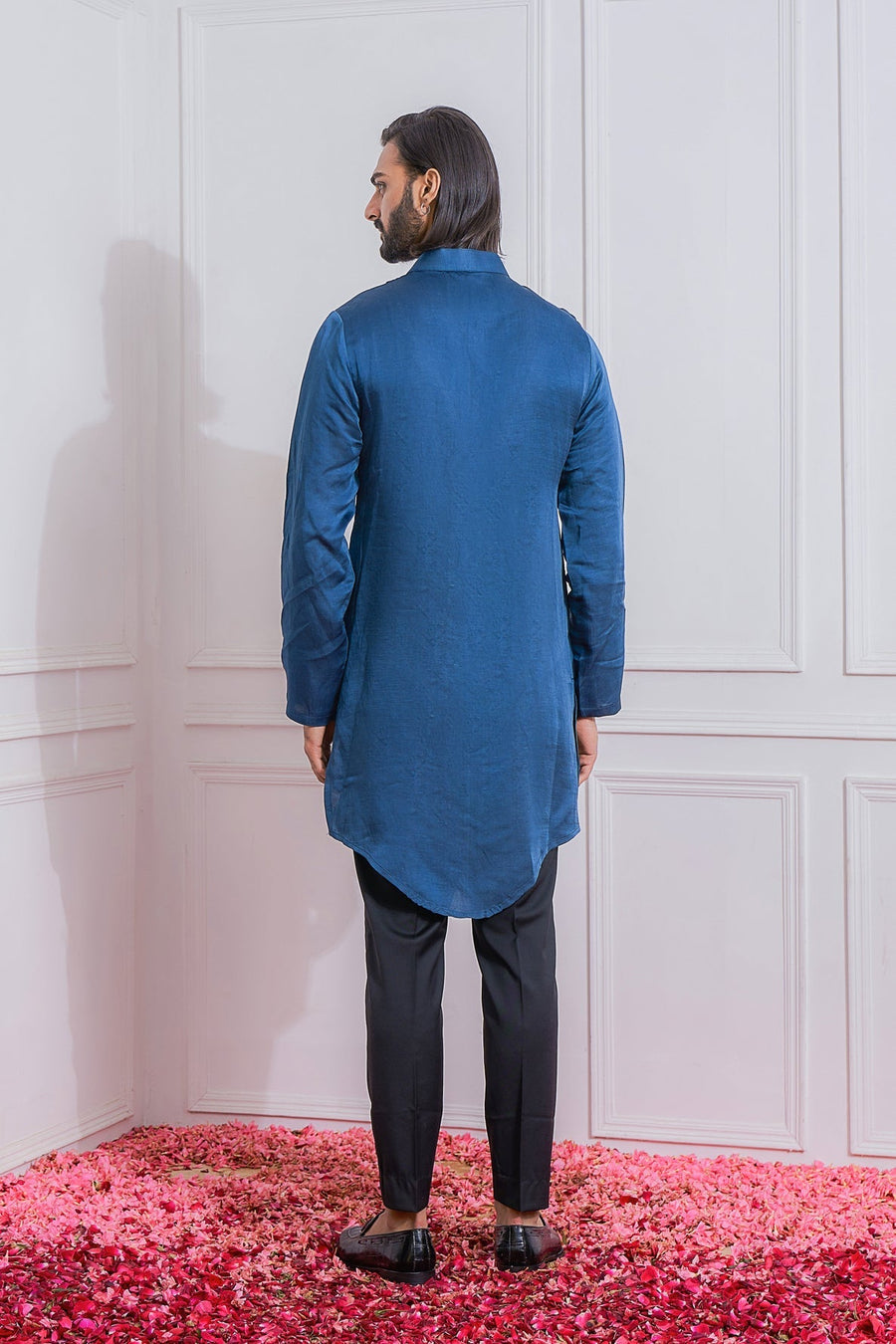 Space Blue Front-Open Embroidered Kurta Set for Men | Mansehra by AVK