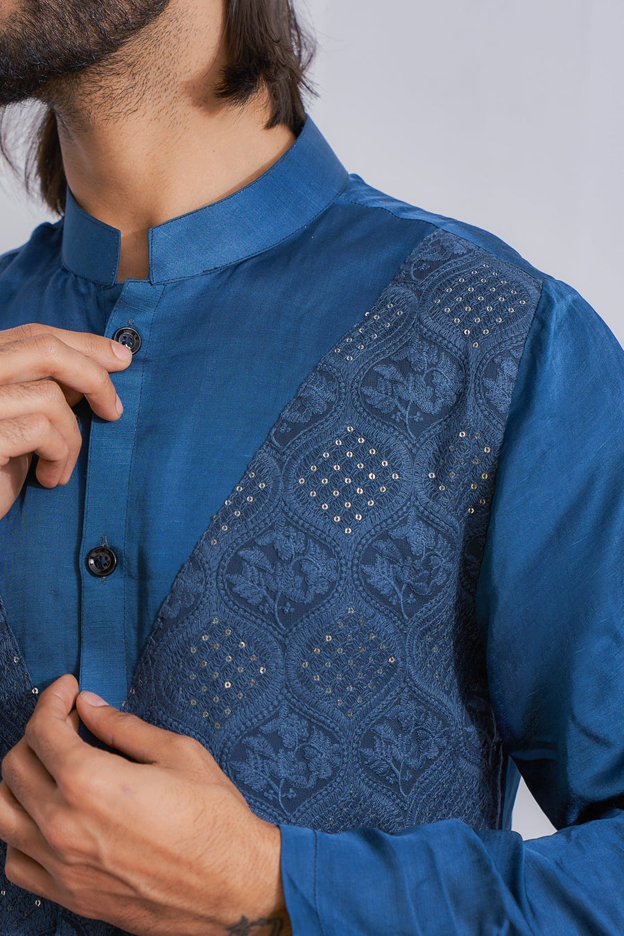 Space Blue Front-Open Embroidered Kurta Set for Men | Mansehra by AVK