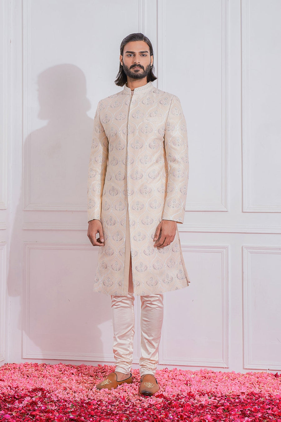 Peach Hand-Embroidered Sherwani Set for Groom | Mirpur by AVK