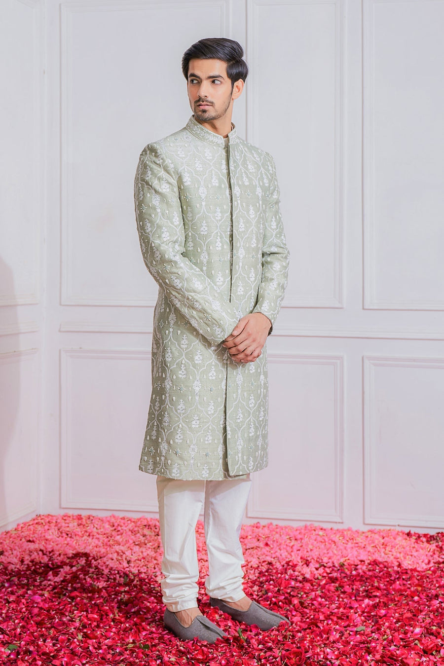 Mint Green Embroidered Sherwani Set for Groom | Hasilpur by AVK