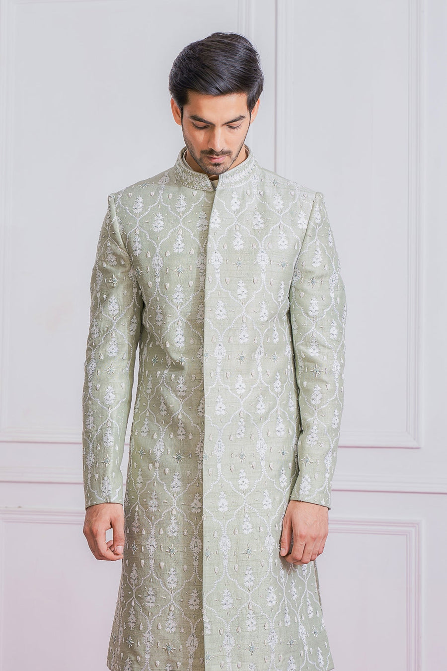 Mint Green Embroidered Sherwani Set for Groom | Hasilpur by AVK