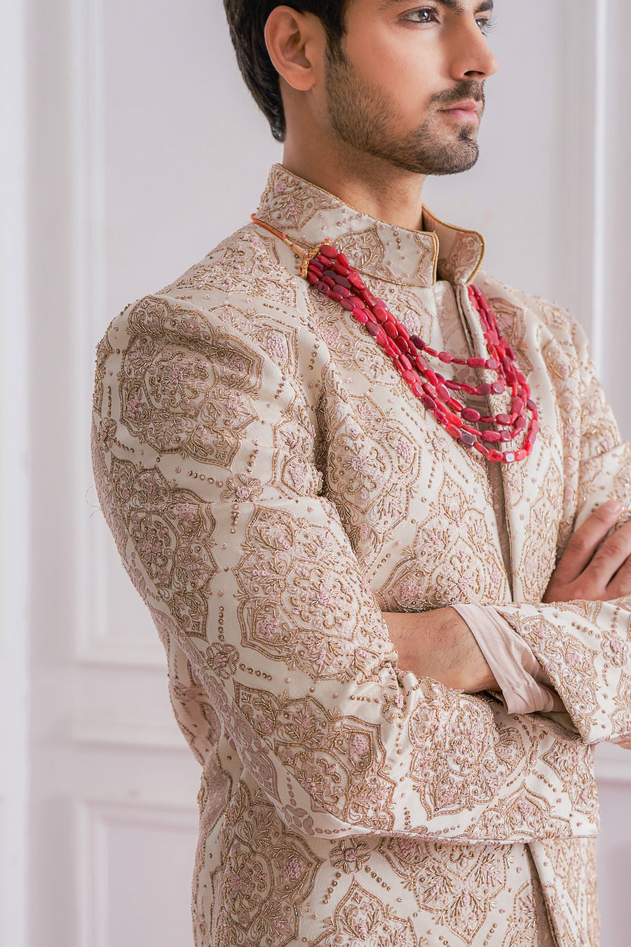 Dusty Rose Jacquard Sherwani Complete Wedding Ensemble | Ahemadpur by AVK