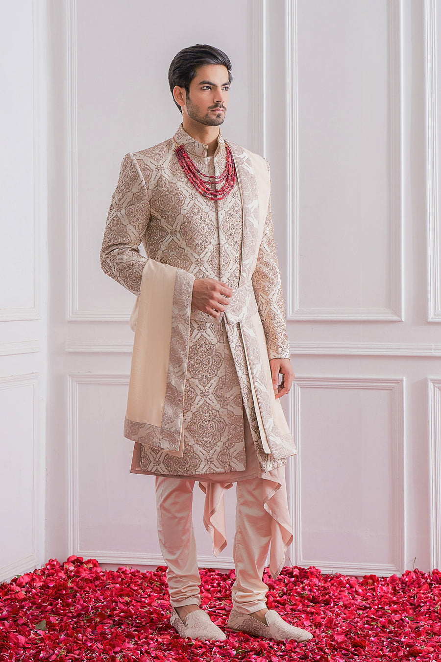 Dusty Rose Jacquard Sherwani Complete Wedding Ensemble | Ahemadpur by AVK