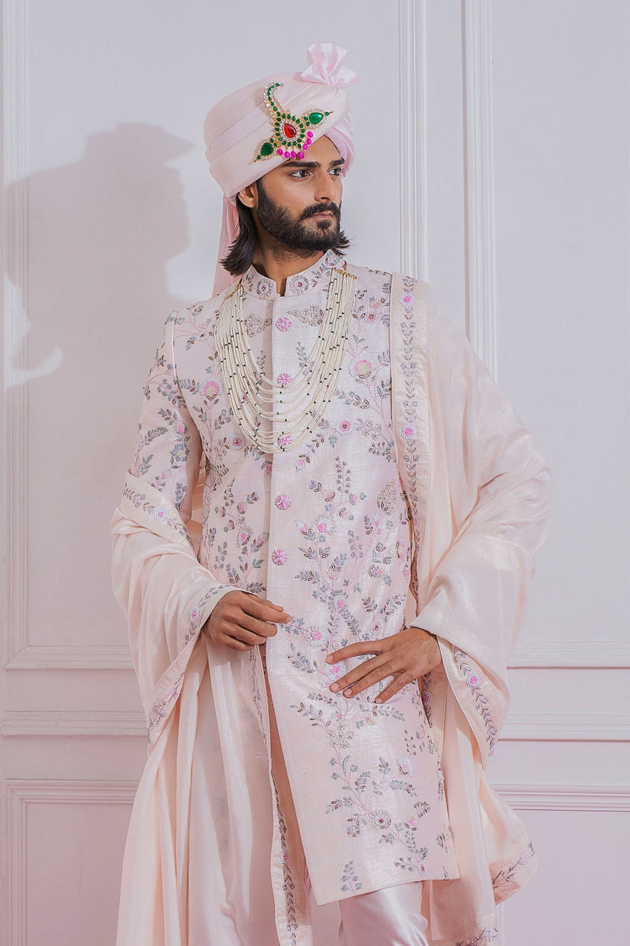 Powder Pink Raw Silk Sherwani for Men (Standalone) | Karachi by AVK