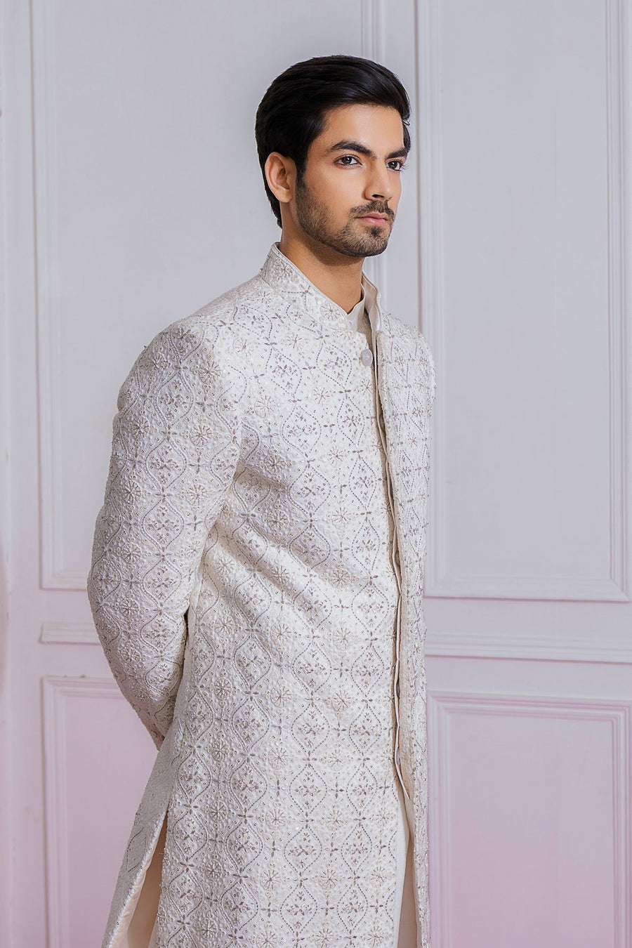 Off-White Hand-Embroidered Sherwani Set for Groom | Umerkot by AVK