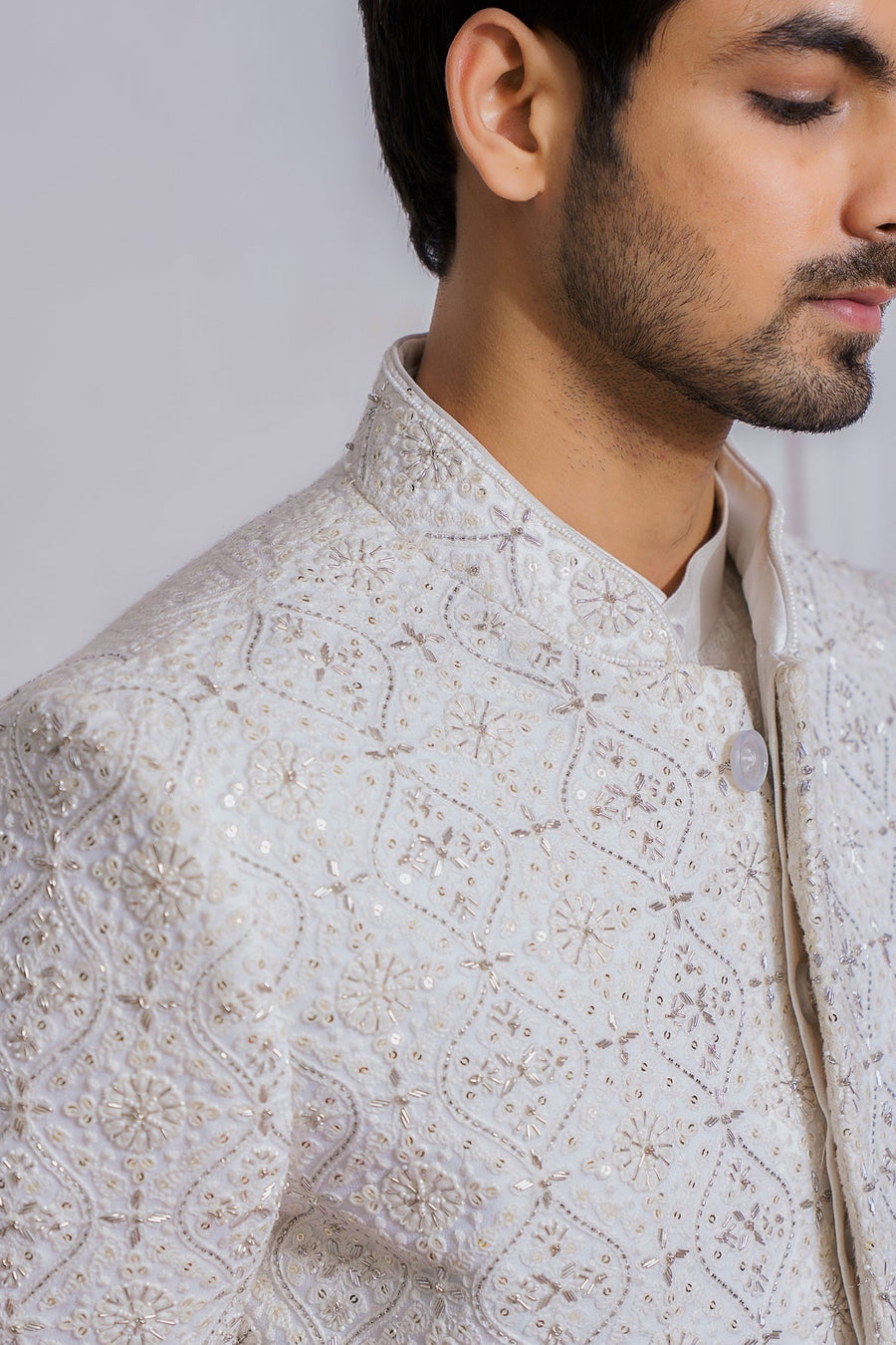 Off-White Hand-Embroidered Sherwani Set for Groom | Umerkot by AVK