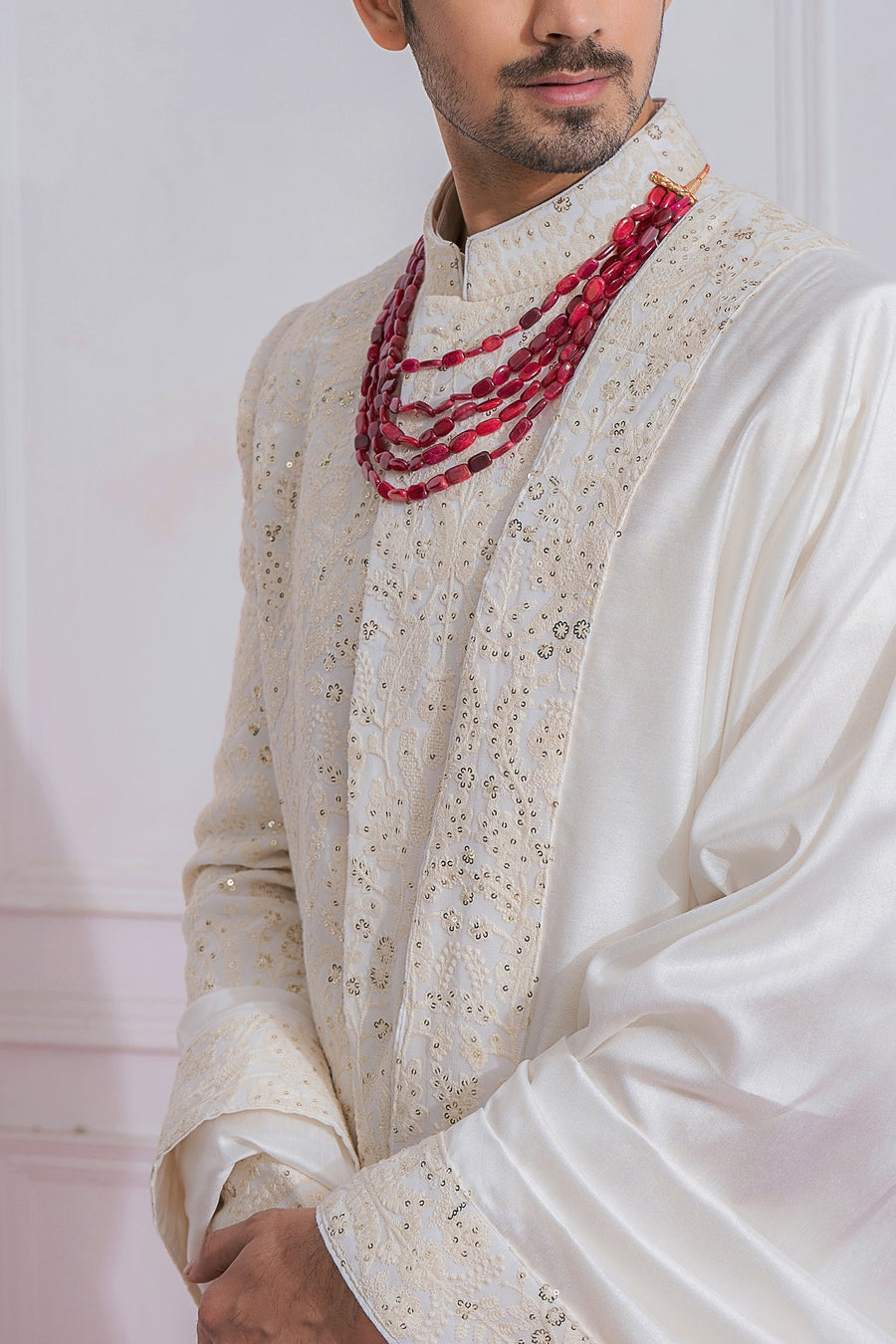 Ivory Georgette Embroidered Sherwani Set for Wedding (Couture) | Feroz by AVK