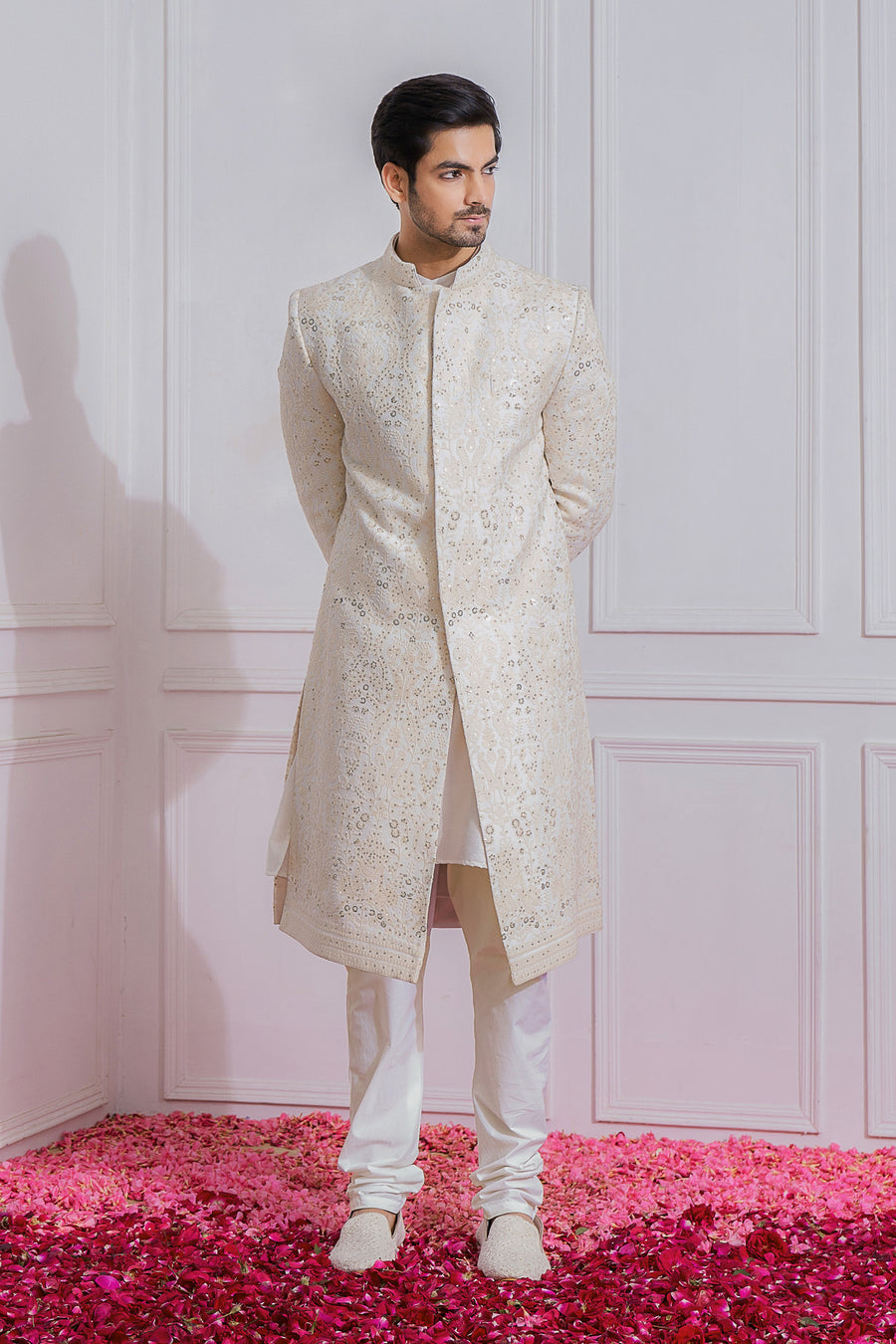 Ivory Georgette Embroidered Sherwani Set for Wedding (Couture) | Feroz by AVK