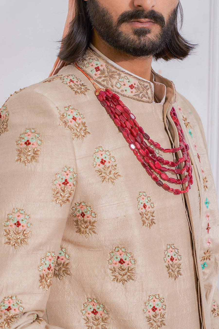 Beige Gold Raw Silk Sherwani Set for Groom | Lahore by AVK