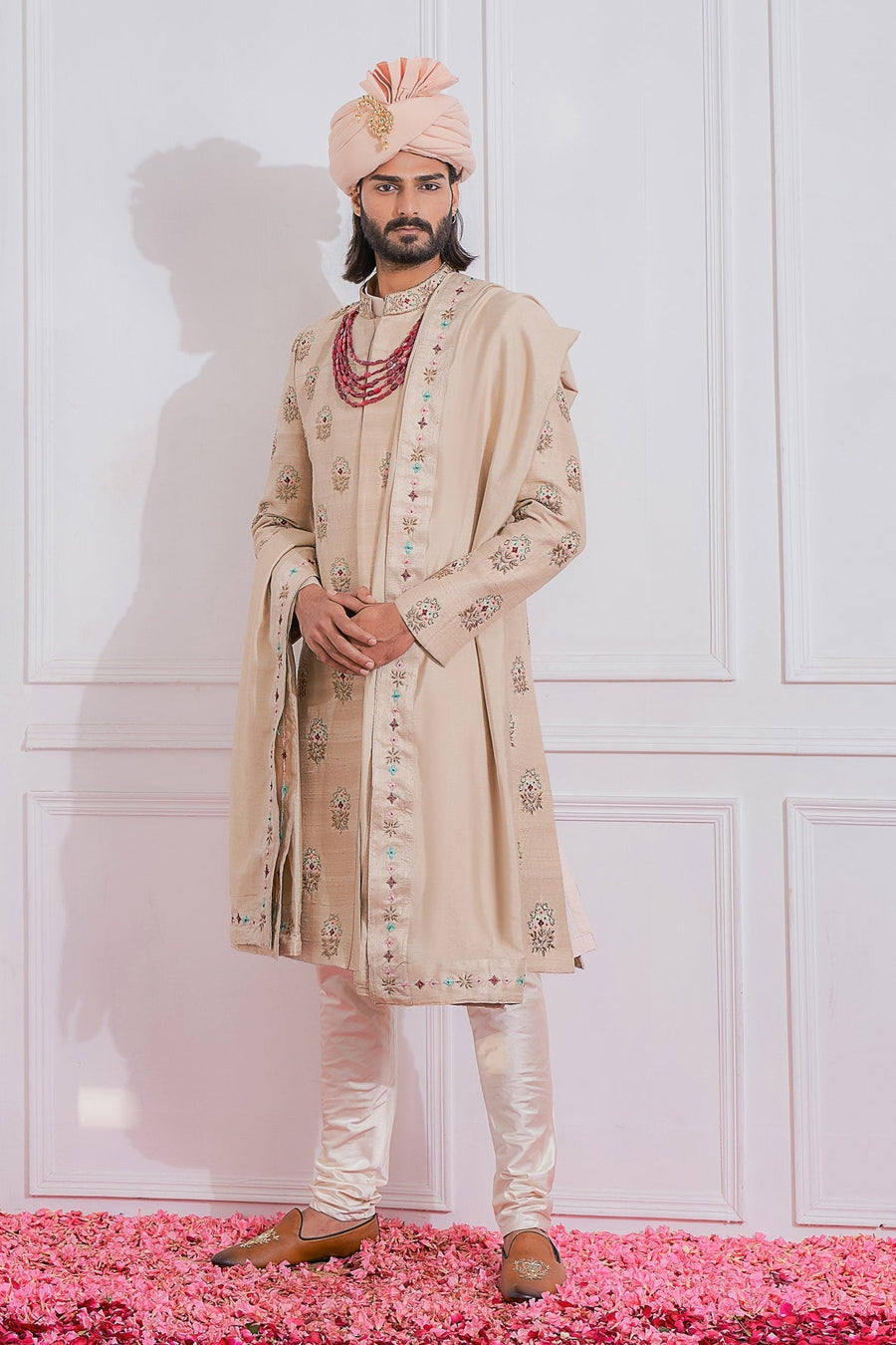 Beige Gold Raw Silk Sherwani Set for Groom | Lahore by AVK